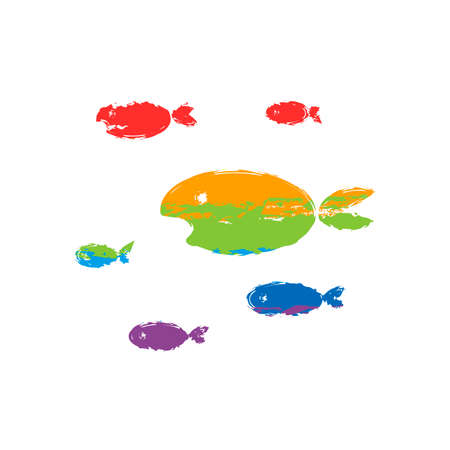 School of fishes. Drawing sign with LGBT style, seven colors of rainbow red, orange, yellow, green, blue, indigo, violetのイラスト素材