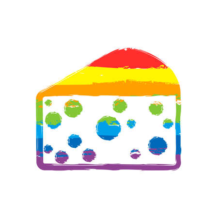 piece of cheese icon. Drawing sign with LGBT style, seven colors of rainbow red, orange, yellow, green, blue, indigo, violetのイラスト素材