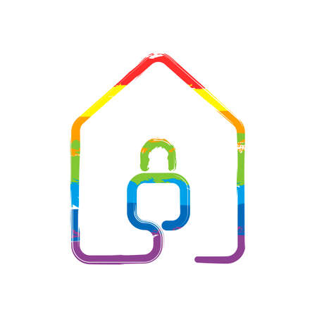 house with lock icon. line style. Drawing sign with LGBT style, seven colors of rainbow (red, orange, yellow, green, blue, indigo, violetのイラスト素材