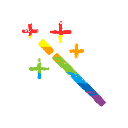 magic wand. simple silhouette. Drawing sign with LGBT style, seven colors of rainbow (red, orange, yellow, green, blue, indigo, violetのイラスト素材