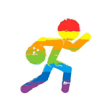 running man, bowling icon. Drawing sign with LGBT style, seven colors of rainbow (red, orange, yellow, green, blue, indigo, violetのイラスト素材