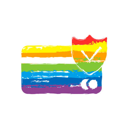credit card protection icon. Drawing sign with LGBT style, seven colors of rainbow (red, orange, yellow, green, blue, indigo, violetのイラスト素材