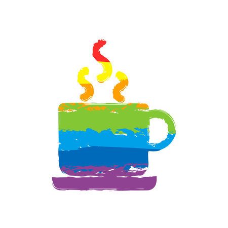 cup of hot tea or coffee icon. Drawing sign with LGBT style, seven colors of rainbow red, orange, yellow, green, blue, indigo, violetのイラスト素材