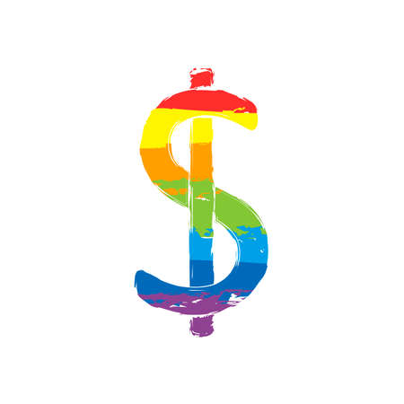 Dollars sign and USD symbol icon. Drawing sign with LGBT style, seven colors of rainbow red, orange, yellow, green, blue, indigo, violetのイラスト素材