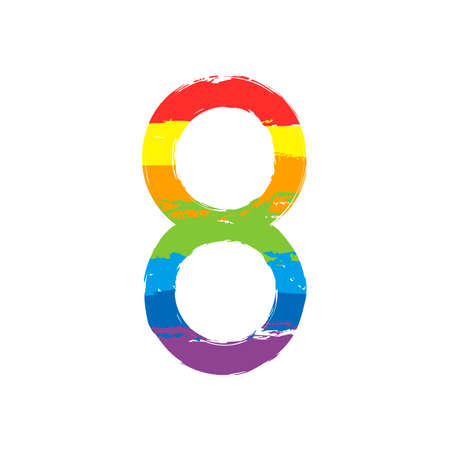 Number eight, numeral, simple letter. Drawing sign with LGBT style, seven colors of rainbow (red, orange, yellow, green, blue, indigo, violetのイラスト素材