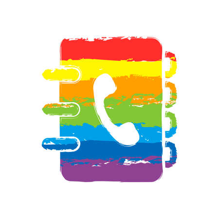 address book with phone sign on cover. simple icon. Drawing sign with LGBT style, seven colors of rainbow (red, orange, yellow, green, blue, indigo, violetのイラスト素材