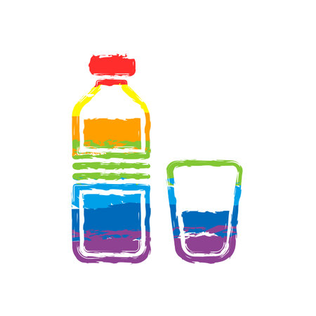 bottle of water and glass cup. simple icon. Drawing sign with LGBT style, seven colors of rainbow (red, orange, yellow, green, blue, indigo, violetのイラスト素材