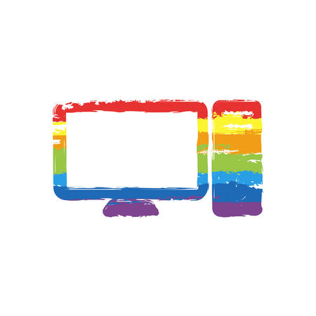 Personal computer, pc. System unit and monitor. Drawing sign with LGBT style, seven colors of rainbow (red, orange, yellow, green, blue, indigo, violetのイラスト素材