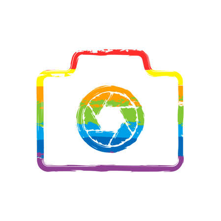 Photo camera, linear symbol with thin outline, simple icon. Drawing sign with LGBT style, seven colors of rainbow (red, orange, yellow, green, blue, indigo, violetのイラスト素材