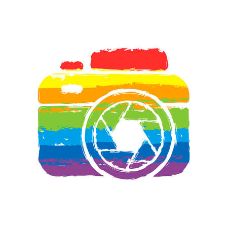 Photo camera with shutter, simple icon. Drawing sign with LGBT style, seven colors of rainbow (red, orange, yellow, green, blue, indigo, violetのイラスト素材