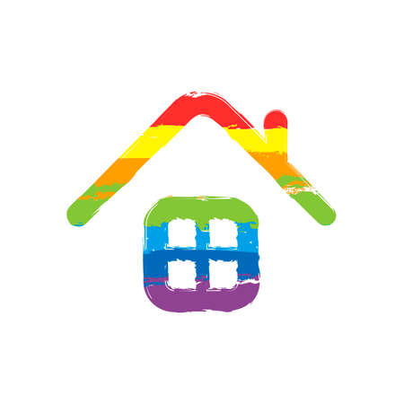Simple house icon. Drawing sign with LGBT style, seven colors of rainbow (red, orange, yellow, green, blue, indigo, violetのイラスト素材