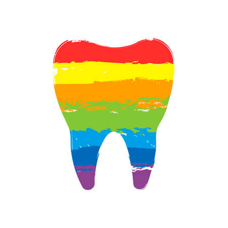 Silhouette of tooth. Simple icon. Drawing sign with LGBT style, seven colors of rainbow (red, orange, yellow, green, blue, indigo, violetのイラスト素材