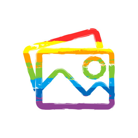 Stack of pictures with couple of mountains and sun. Simple linear icon. Drawing sign with LGBT...