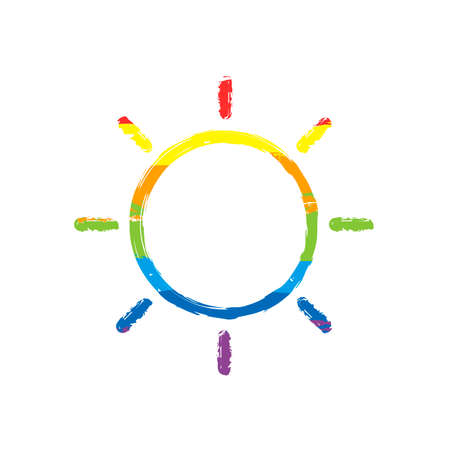 Sun icon. Linear, thin outline. Drawing sign with LGBT style, seven colors of rainbow (red, orange, yellow, green, blue, indigo, violetのイラスト素材