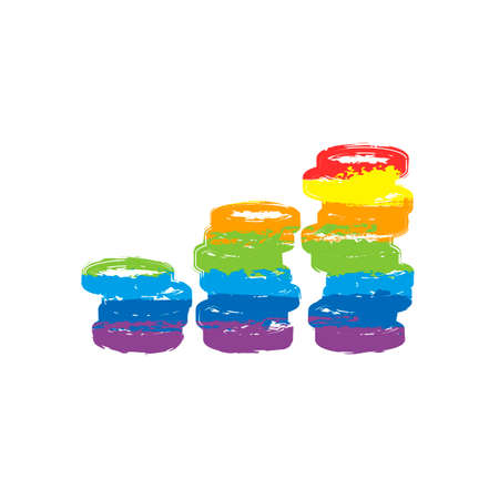 Coins stack, finance grow. Drawing sign with LGBT style, seven colors of rainbow (red, orange, yellow, green, blue, indigo, violetのイラスト素材