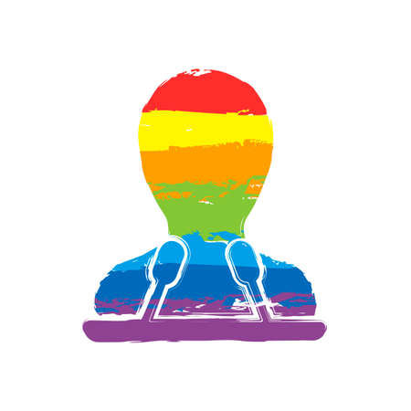 Speaker icon. Person silhouette and microphones on tribune. Drawing sign with LGBT style, seven colors of rainbow (red, orange, yellow, green, blue, indigo, violetのイラスト素材