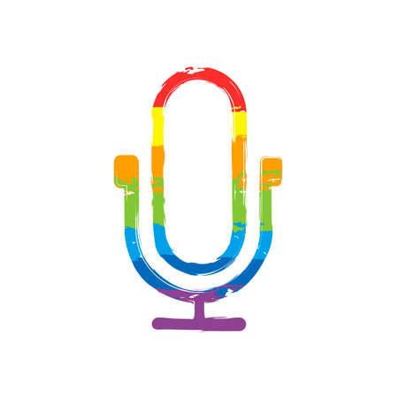 Simple microphone icon. Linear, thin outline. Drawing sign with LGBT style, seven colors of rainbow (red, orange, yellow, green, blue, indigo, violetのイラスト素材