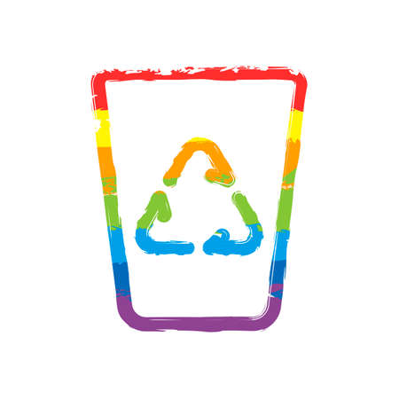 Recucle bin, reuse symbol on backet. Linear, thin outline. Drawing sign with LGBT style, seven colors of rainbow (red, orange, yellow, green, blue, indigo, violetのイラスト素材