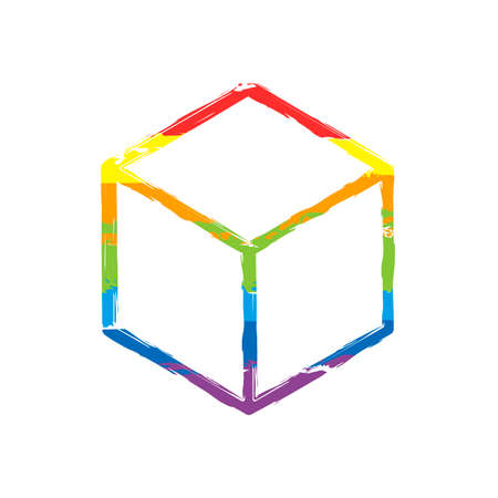 Geometric empty cube. Simple outline icon. Drawing sign with LGBT style, seven colors of rainbow (red, orange, yellow, green, blue, indigo, violetのイラスト素材