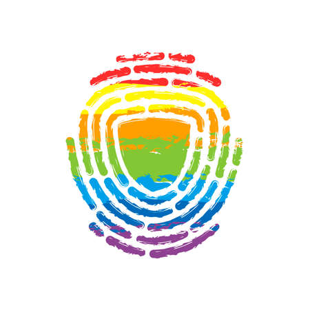 Shield in fingerprint. Logo of protect private id. Security icon. Drawing sign with LGBT style, seven colors of rainbow (red, orange, yellow, green, blue, indigo, violetのイラスト素材