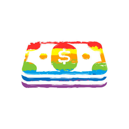 Pack of dollar money or vouchers. Business icon. Drawing sign with LGBT style, seven colors of rainbow (red, orange, yellow, green, blue, indigo, violetのイラスト素材