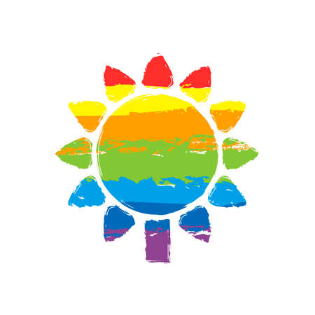 Sunflower, plant. Nature icon. Drawing sign with LGBT style, seven colors of rainbow (red, orange, yellow, green, blue, indigo, violetのイラスト素材