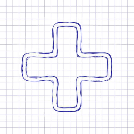 Medical cross icon. Hand drawn picture on paper sheet. Blue ink, outline sketch style. Doodle on checkered backgroundのイラスト素材