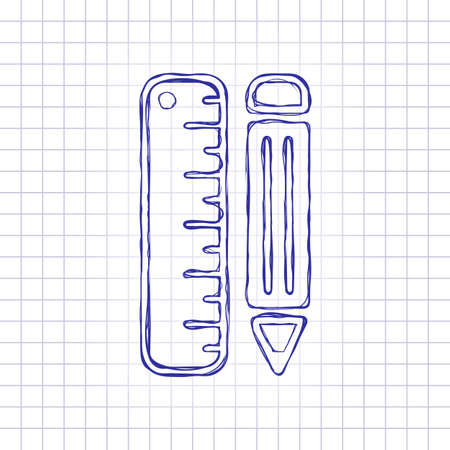 simple symbol of ruler and pencil. Hand drawn picture on paper sheet. Blue ink, outline sketch style. Doodle on checkered backgroundのイラスト素材