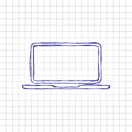 Laptop or notebook computer icon. Hand drawn picture on paper sheet. Blue ink, outline sketch style. Doodle on checkered backgroundのイラスト素材