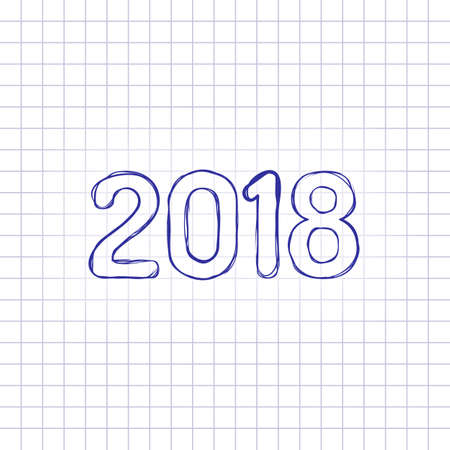 2018 number icon. Happy New Year. Hand drawn picture on paper sheet. Blue ink, outline sketch style. Doodle on checkered backgroundのイラスト素材