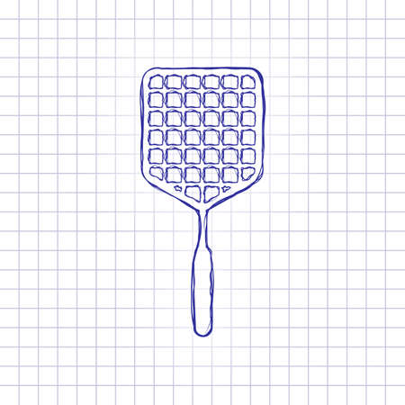 Fly swatter icon. Hand drawn picture on paper sheet. Blue ink, outline sketch style. Doodle on checkered backgroundのイラスト素材