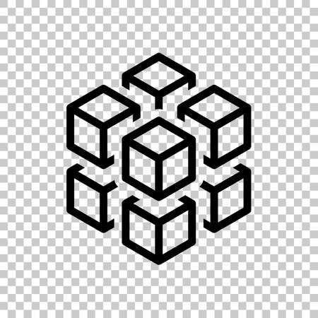 3d cube with eight blocks. Icon of rubik or ice pieces. Black symbol on transparent backgroundのイラスト素材
