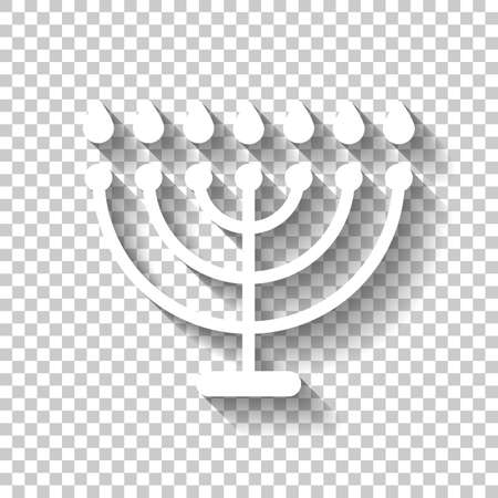 Hanukkah icon or menorah lamp. Outline Jewish Candles. White icon with shadow on transparent backgroundのイラスト素材