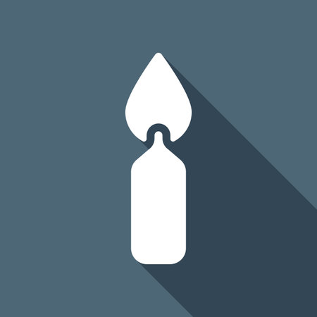 Burning candle icon. Sign of christmas or birthday. White flat icon with long shadow on blue backgroundのイラスト素材