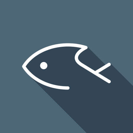 Fish logo, one line icon, linear symbol. White flat icon with long shadow on blue backgroundのイラスト素材