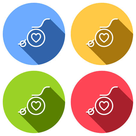 wheelchair and heart, outline icon. Set of white icons with long shadow on blue, orange, green and red colored circles. Sticker styleのイラスト素材