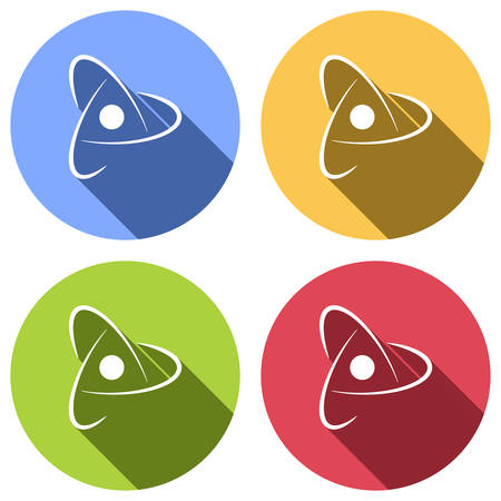 scientific atom symbol, creative logo, simple icon. Set of white icons with long shadow on blue, orange, green and red colored circles. Sticker styleのイラスト素材