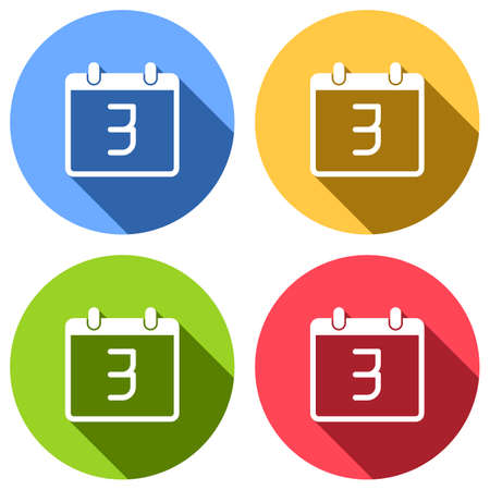 calendar with 3 day, simple icon. Set of white icons with long shadow on blue, orange, green and red colored circles. Sticker styleのイラスト素材