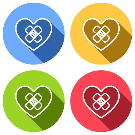 broken heart with patch. simple single icon. Set of white icons with long shadow on blue, orange, green and red colored circles. Sticker styleのイラスト素材
