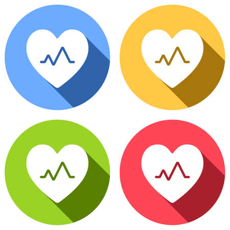 cardiac pulse. heart and pulse line. simple single icon. Set of white icons with long shadow on blue, orange, green and red colored circles. Sticker styleのイラスト素材