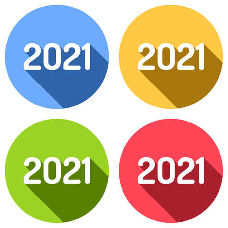 2021 number icon. Happy New Year. Set of white icons with long shadow on blue, orange, green and red colored circles. Sticker styleのイラスト素材