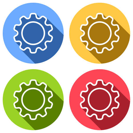Simple gear symbol, Linear icon with thin outline. Set of white icons with long shadow on blue, orange, green and red colored circles. Sticker styleのイラスト素材