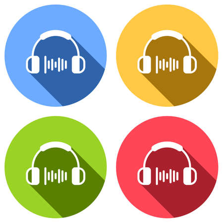 Headphones and music wave. Medium volume level. Simple icon. Set of white icons with long shadow on blue, orange, green and red colored circles. Sticker styleのイラスト素材