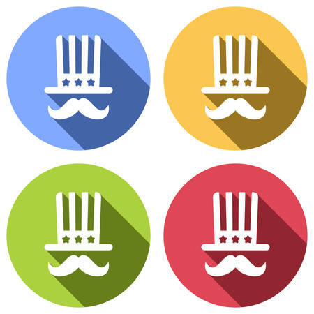4 july, independence day. hat and mustache icon. Set of white icons with long shadow on blue, orange, green and red colored circles. Sticker styleのイラスト素材