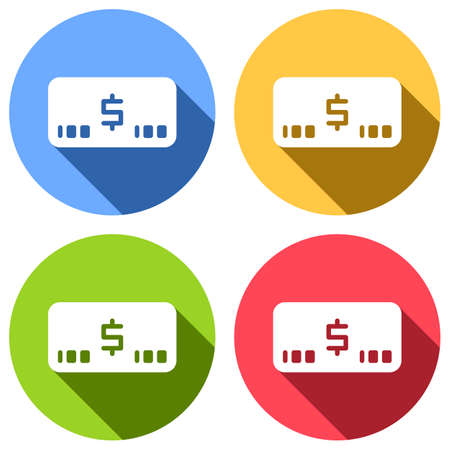Money voutcher. USD Card icon. Set of white icons with long shadow on blue, orange, green and red colored circles. Sticker styleのイラスト素材