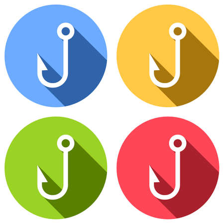 Fishing hook. Simple icon. Set of white icons with long shadow on blue, orange, green and red colored circles. Sticker styleのイラスト素材