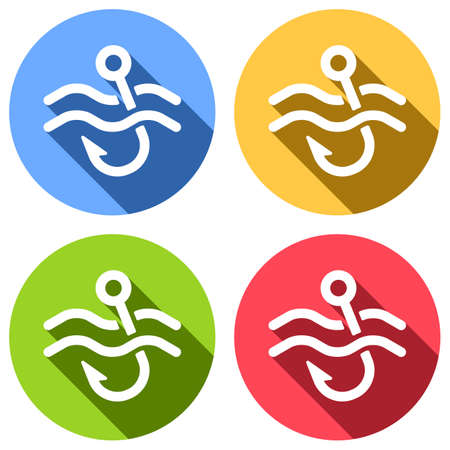 Fishing hook and water. Simple icon. Set of white icons with long shadow on blue, orange, green and red colored circles. Sticker styleのイラスト素材