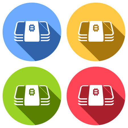 Pack of bitcoin money or vouchers. Business icon. Set of white icons with long shadow on blue, orange, green and red colored circles. Sticker styleのイラスト素材