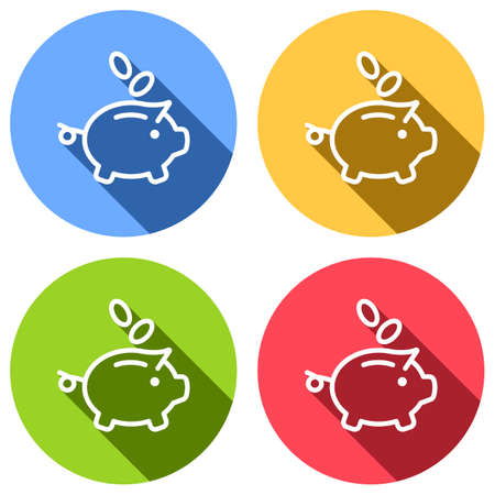 Piggy bank, dollar coins. Business icon. Set of white icons with long shadow on blue, orange, green and red colored circles. Sticker styleのイラスト素材