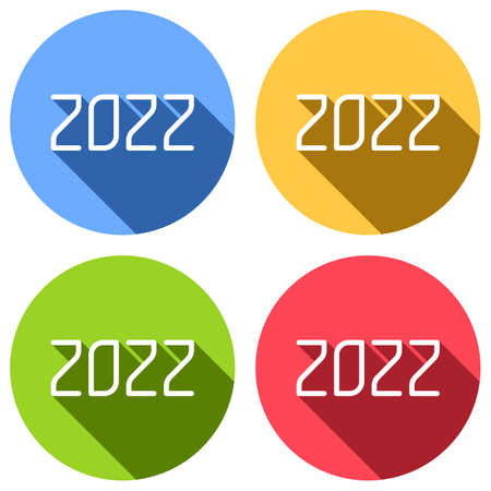 2022 number icon. Happy New Year. Set of white icons with long shadow on blue, orange, green and red colored circles. Sticker styleのイラスト素材